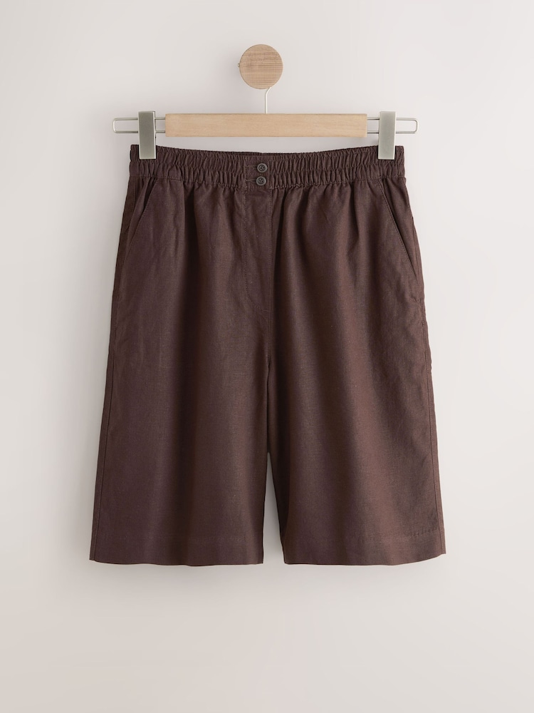 Chocolate Brown Stretch Linen Blend Knee Shorts - Image 1 of 3