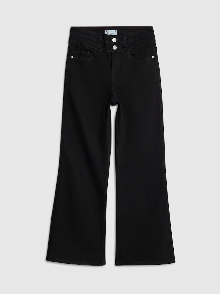 River Island Black Petite High Rise Double Waistband Relaxed Flare Jeans - Image 1 of 1 River Island Black Petite High Rise Double Waistband Relaxed Flare Jeans - Image 1 of 1