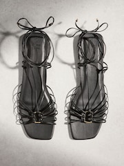 Black N. Premium Leather Square Toe Hardware Ankle Wrap Sandals - Image 1 of 12