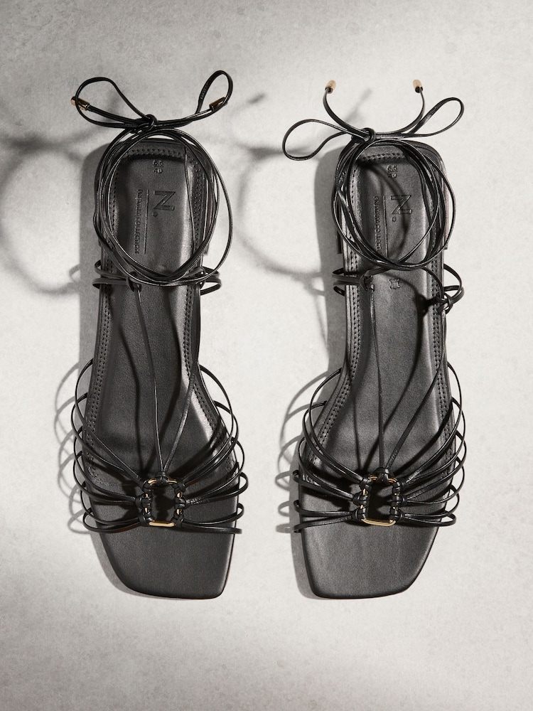 Black N. Premium Leather Square Toe Hardware Ankle Wrap Sandals - Image 1 of 12