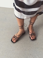 Black N. Premium Leather Square Toe Hardware Ankle Wrap Sandals - Image 2 of 12