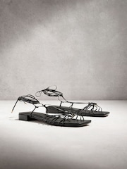 Black N. Premium Leather Square Toe Hardware Ankle Wrap Sandals - Image 8 of 12