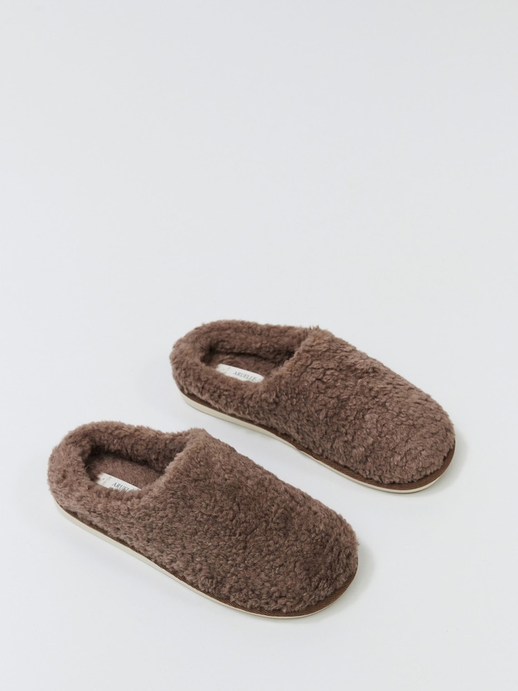 Aruelle Cleo Extra Soft Brown Slippers Crafted From Fluffy Polyester Fabric - Image 1 of 4