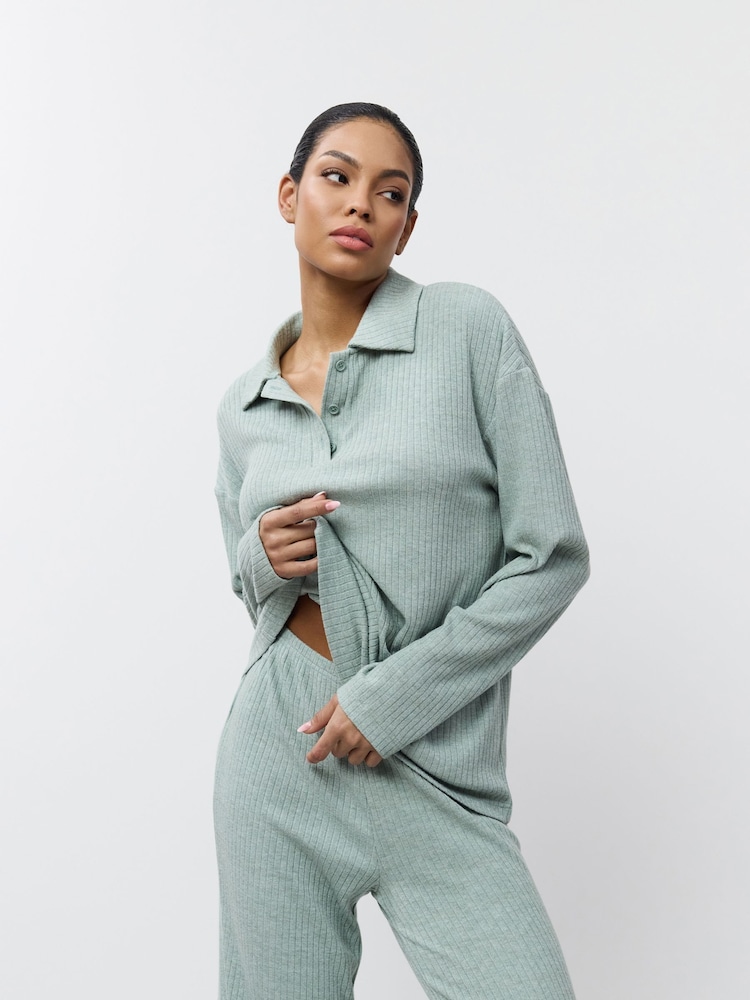 Aruelle Green Saige Ribbed Collared Soft Loungewear Set With Button Neck Detail. - Image 2 of 6 Aruelle Green Saige Ribbed Collared Soft Loungewear Set With Button Neck Detail. - Image 2 of 6