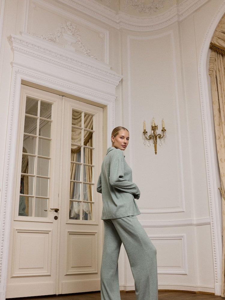 Aruelle Green Saige Ribbed Collared Soft Loungewear Set With Button Neck Detail. - Image 6 of 6 Aruelle Green Saige Ribbed Collared Soft Loungewear Set With Button Neck Detail. - Image 6 of 6