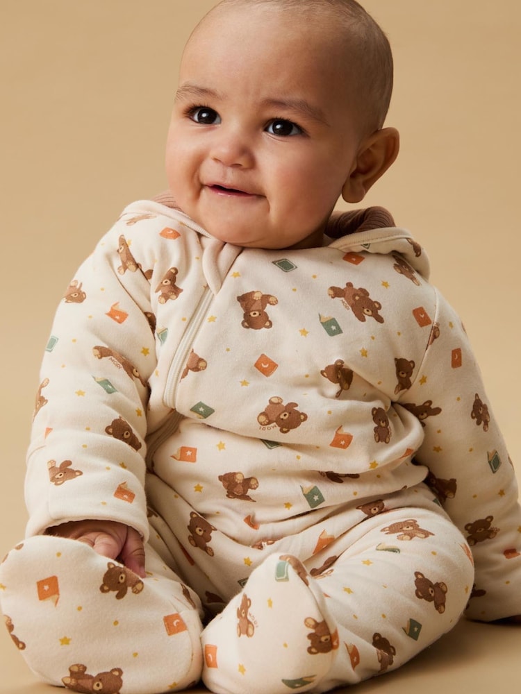 MORI Cream Teddy Bear Supersoft Cosy Zip-Up Pramsuit - Image 1 of 5 MORI Cream Teddy Bear Supersoft Cosy Zip-Up Pramsuit - Image 1 of 5