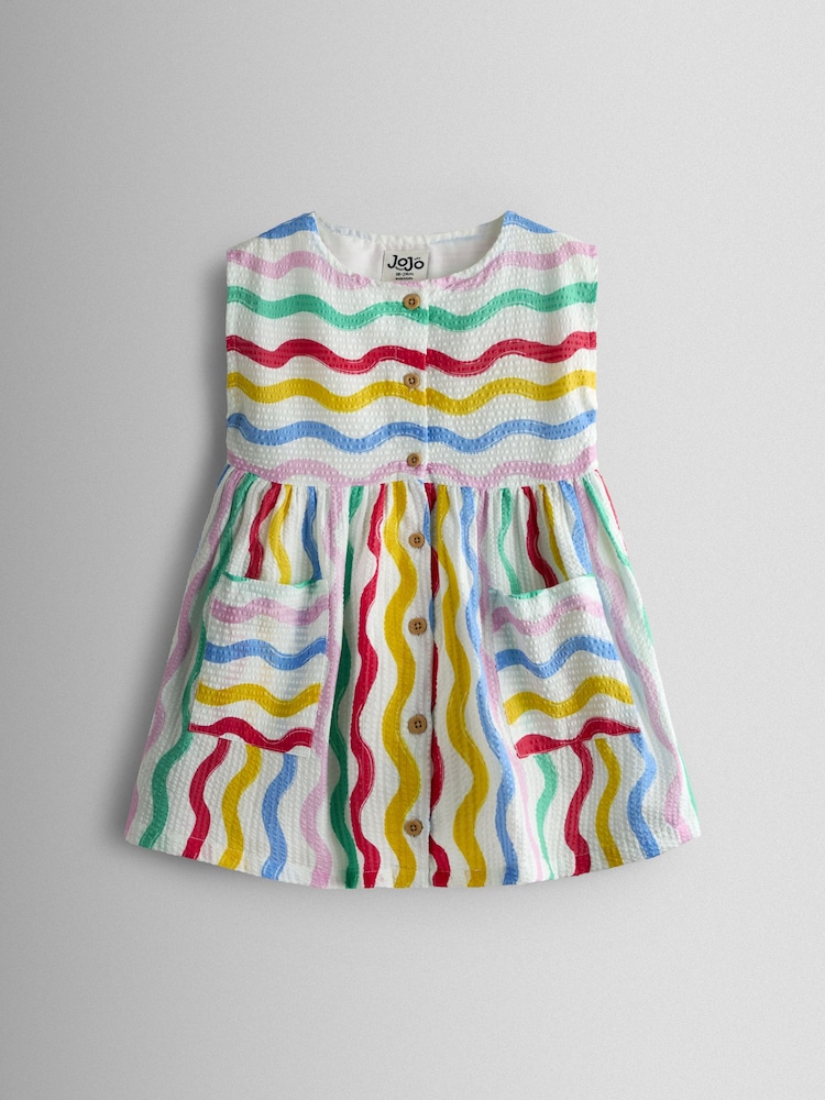 JoJo Maman Bébé White Rainbow Waves Button Through Sleeveless Dress - Image 1 of 4