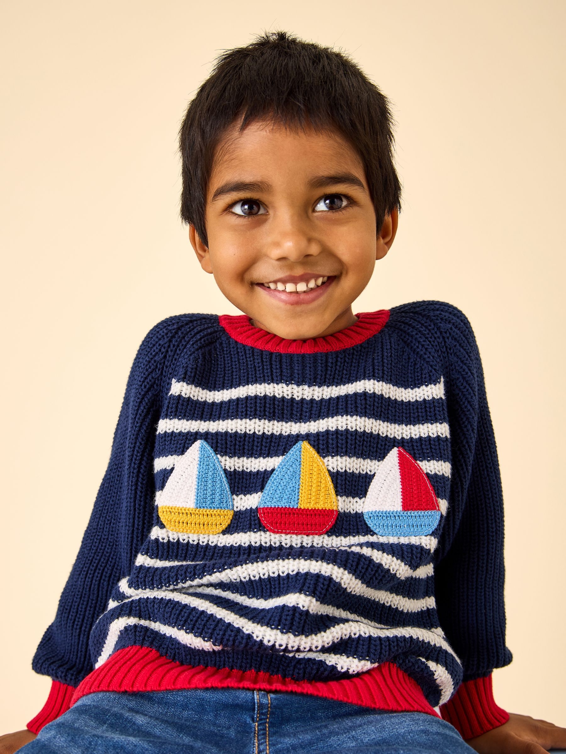 Jojo Maman Bébé Blue Boat Stripe Crochet Jumper