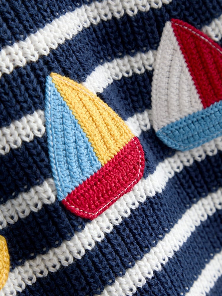 JoJo Maman Bébé Blue Boat Stripe Crochet Jumper - Image 4 of 4