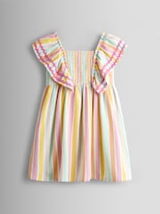 JoJo Maman Bébé Pink Multi Stripe Frill Shoulder Smocked Dress - Image 2 of 5
