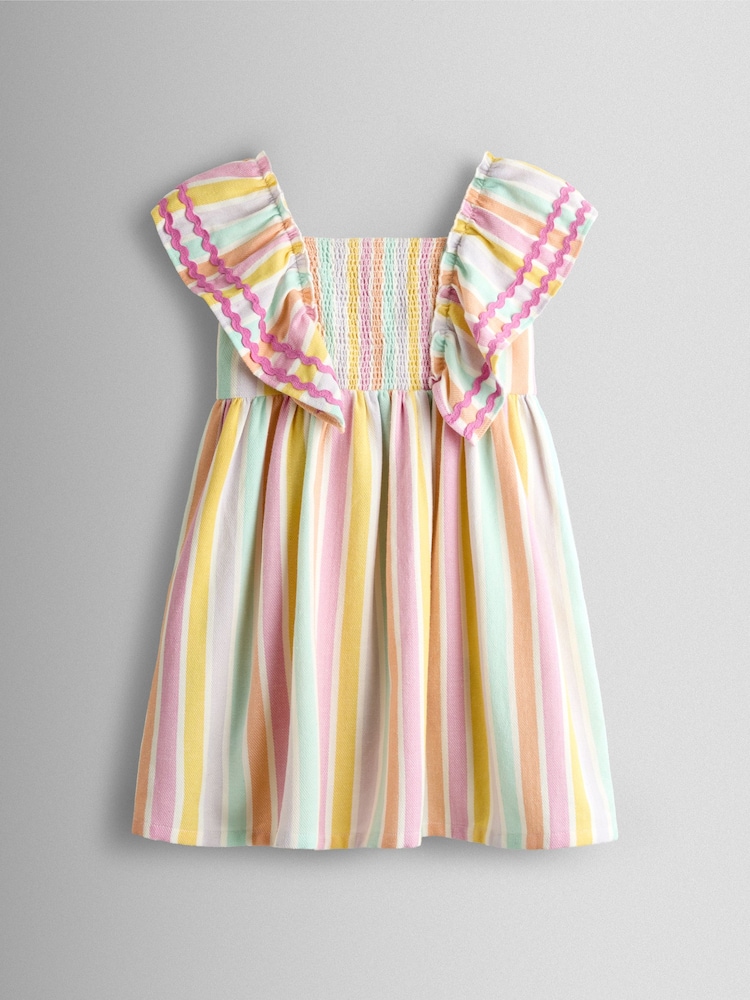 JoJo Maman Bébé Pink Multi Stripe Frill Shoulder Smocked Dress - Image 2 of 5 JoJo Maman Bébé Pink Multi Stripe Frill Shoulder Smocked Dress - Image 2 of 5
