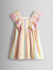 JoJo Maman Bébé Pink Multi Stripe Frill Shoulder Smocked Dress - Image 3 of 5
