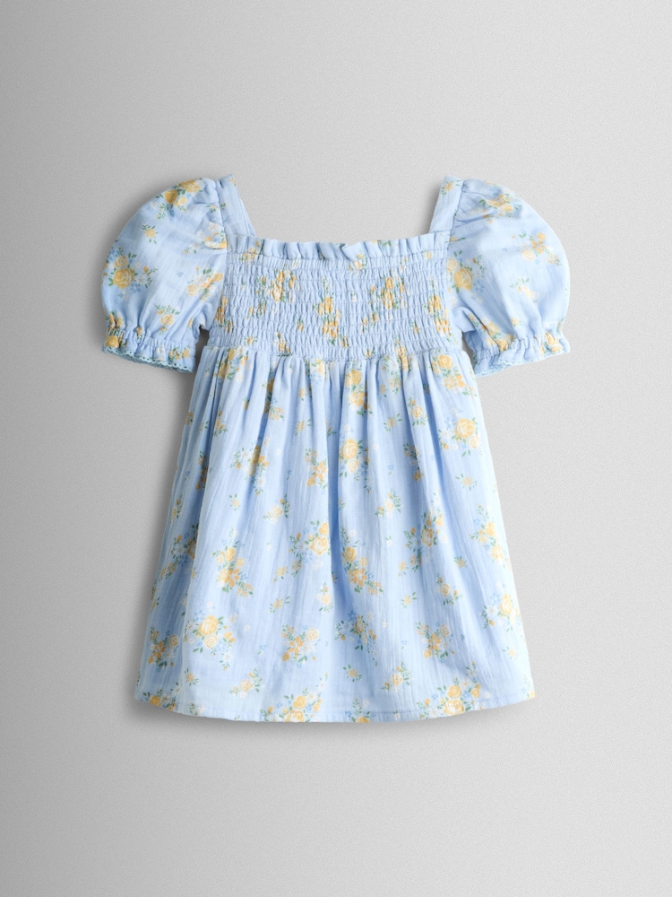 JoJo Maman Bébé Light Blue Floral Cheesecloth Smocked Bodice Dress - Image 2 of 4