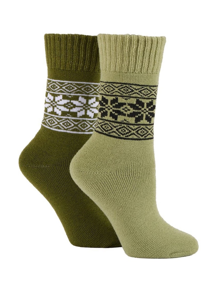 Wild Feet Green Chunky Fairisle Thermal  Socks 2 Pack - Image 1 of 7