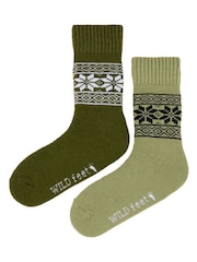 Wild Feet Green Chunky Fairisle Thermal  Socks 2 Pack - Image 2 of 7