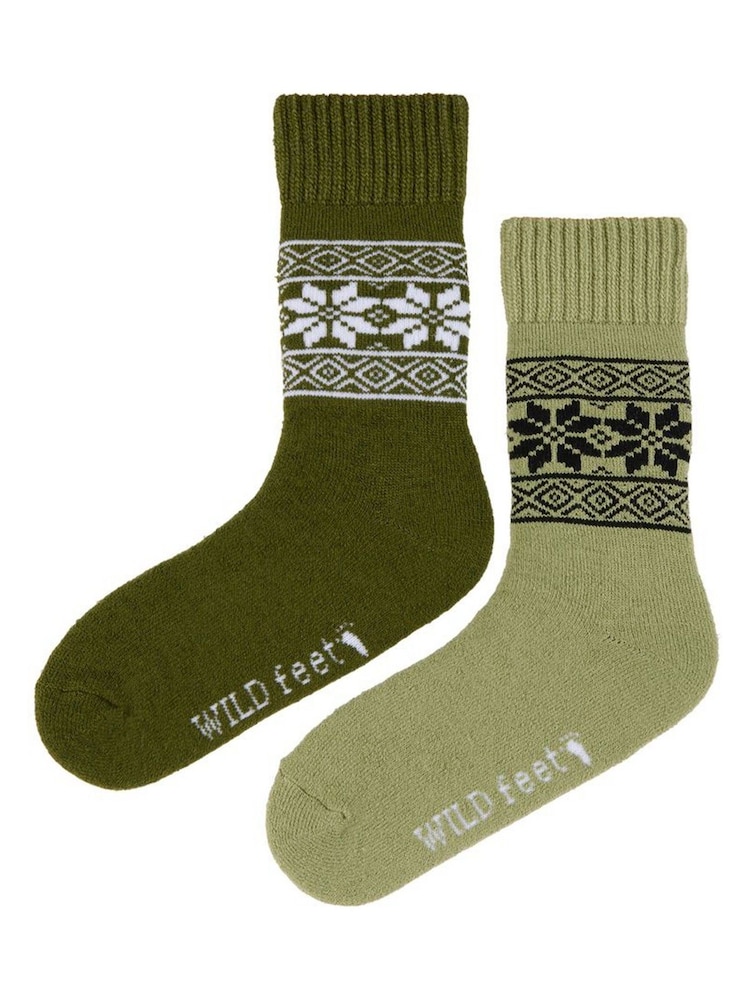 Wild Feet Green Chunky Fairisle Thermal  Socks 2 Pack - Image 2 of 7