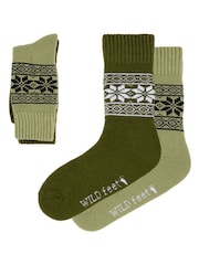 Wild Feet Green Chunky Fairisle Thermal  Socks 2 Pack - Image 6 of 7