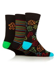 Wild Feet Black Neon Christmas Cookie Socks 3 Pack - Image 1 of 4