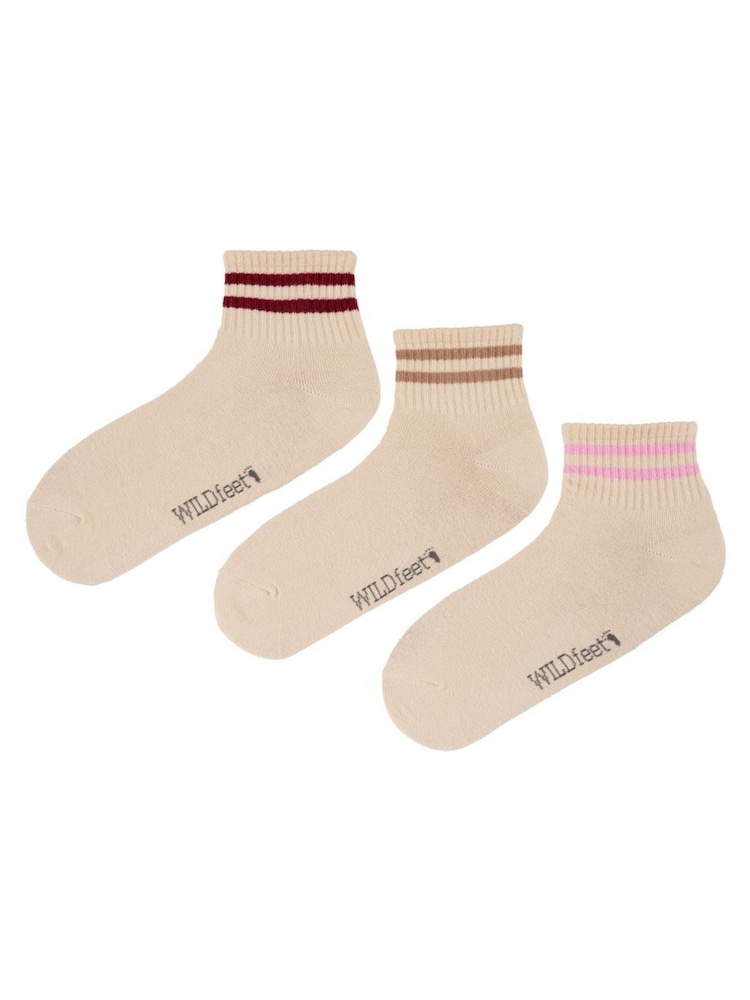 Wild Feet Cream Stripe Top Cropped Length Sporty Ankle Socks 3 Pack - Image 2 of 8