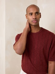 Red Regular Fit Pointelle Knitted T-Shirt with Linen - Image 1 of 4