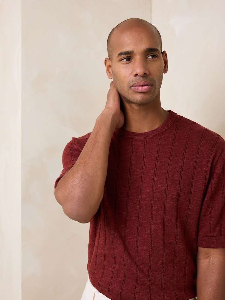 Red Regular Fit Pointelle Knitted T-Shirt with Linen - Image 1 of 4