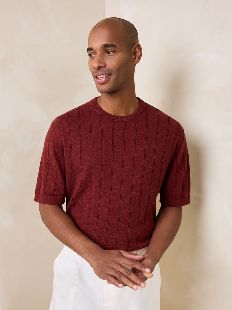 Red Regular Fit Pointelle Knitted T-Shirt with Linen - Image 4 of 4