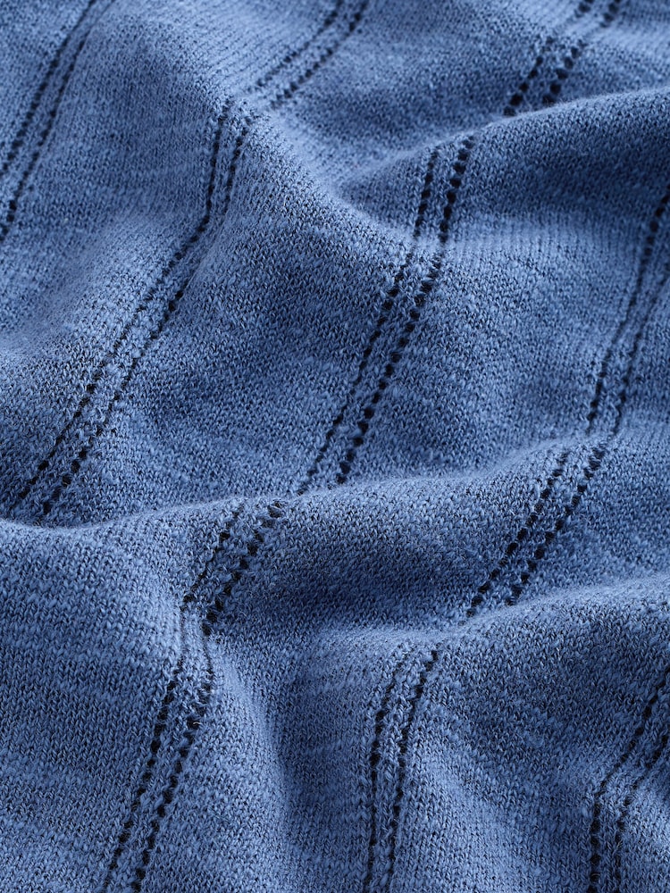 Blue Regular Fit Pointelle Knitted T-Shirt with Linen - Image 3 of 3