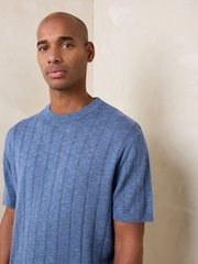 නිල් - Regular Fit Pointelle Knitted T-Shirt with Linen - 8න් 5 වන රූපය