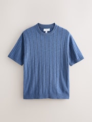 නිල් - Regular Fit Pointelle Knitted T-Shirt with Linen - 8න් 6 වන රූපය