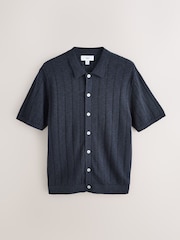 Navy Blue Regular Fit Pointelle Knitted Shirt with Linen - Image 1 of 3