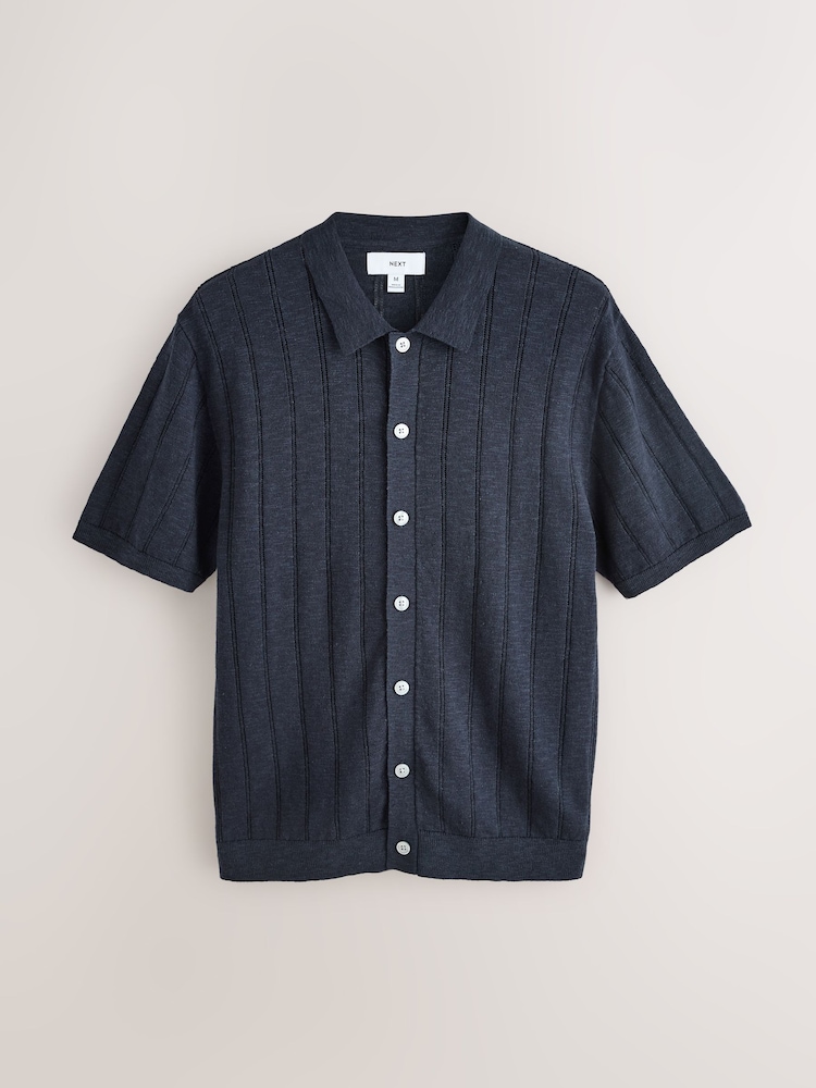 Navy Blue Regular Fit Pointelle Knitted Shirt with Linen - Image 1 of 3 Navy Blue Regular Fit Pointelle Knitted Shirt with Linen - Image 1 of 3