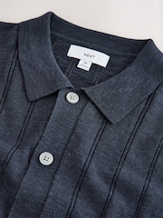 Navy Blue Regular Fit Pointelle Knitted Shirt with Linen - Image 2 of 3