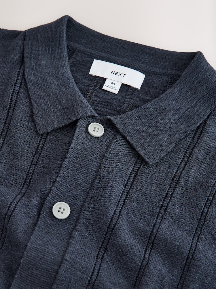 Navy Blue Regular Fit Pointelle Knitted Shirt with Linen - Image 2 of 3 Navy Blue Regular Fit Pointelle Knitted Shirt with Linen - Image 2 of 3
