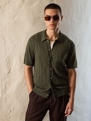 Green Regular Fit Pointelle Knitted Shirt with Linen - Image 1 of 5