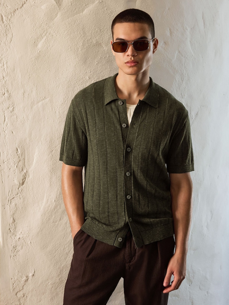 Green Regular Fit Pointelle Knitted Shirt with Linen - Image 1 of 5 Green Regular Fit Pointelle Knitted Shirt with Linen - Image 1 of 5