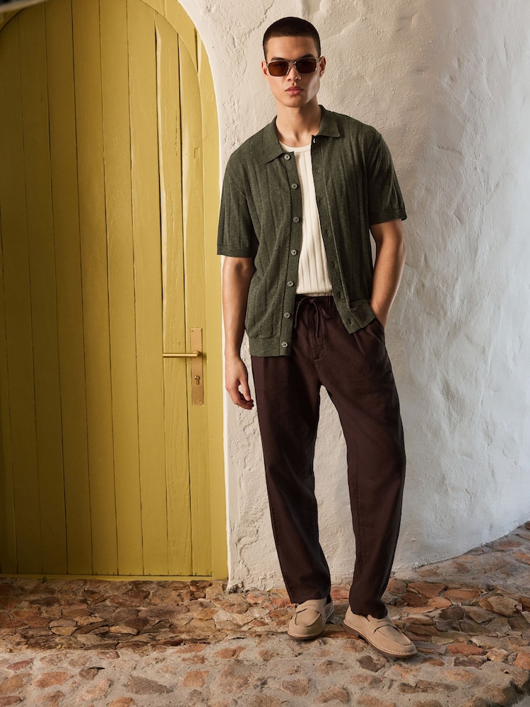 Green Regular Fit Pointelle Knitted Shirt with Linen - Image 2 of 5 Green Regular Fit Pointelle Knitted Shirt with Linen - Image 2 of 5