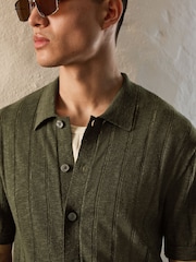 Green Regular Fit Pointelle Knitted Shirt with Linen - Image 5 of 5