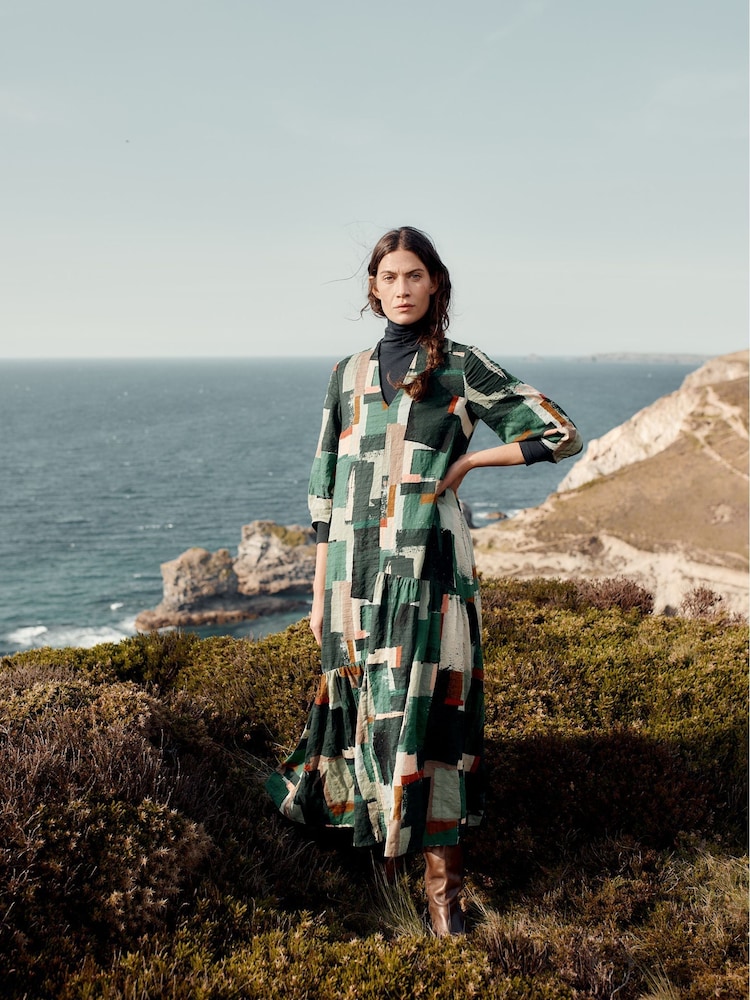 Seasalt Cornwall Green Windblown Tiered V-Neck Dress - Image 2 of 7