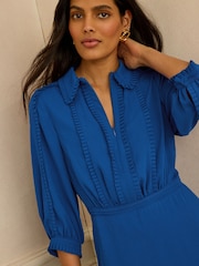 Love & Roses Cobalt Blue Petite Zip Collar Ruffle Trim Shirt Midi Dress - Image 2 of 4