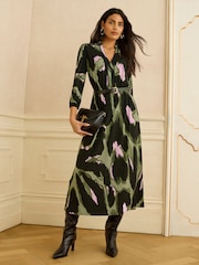 Love & Roses Khaki Green Animal Petite Jersey Shirt Midi Dress - Image 1 of 4