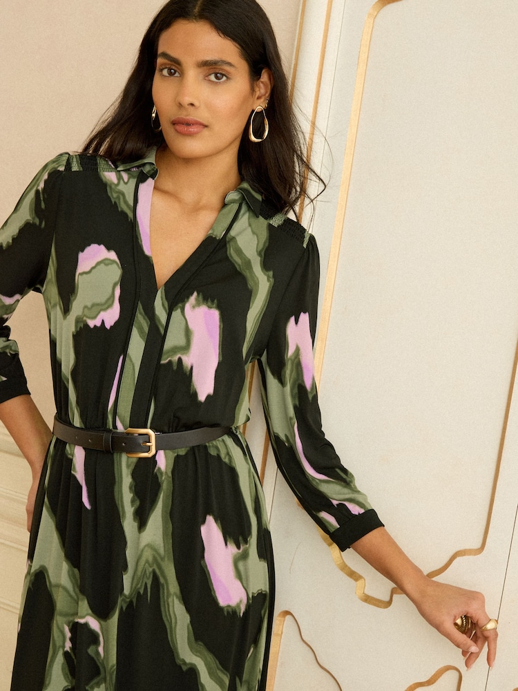 Love & Roses Khaki Green Animal Petite Jersey Shirt Midi Dress - Image 2 of 4