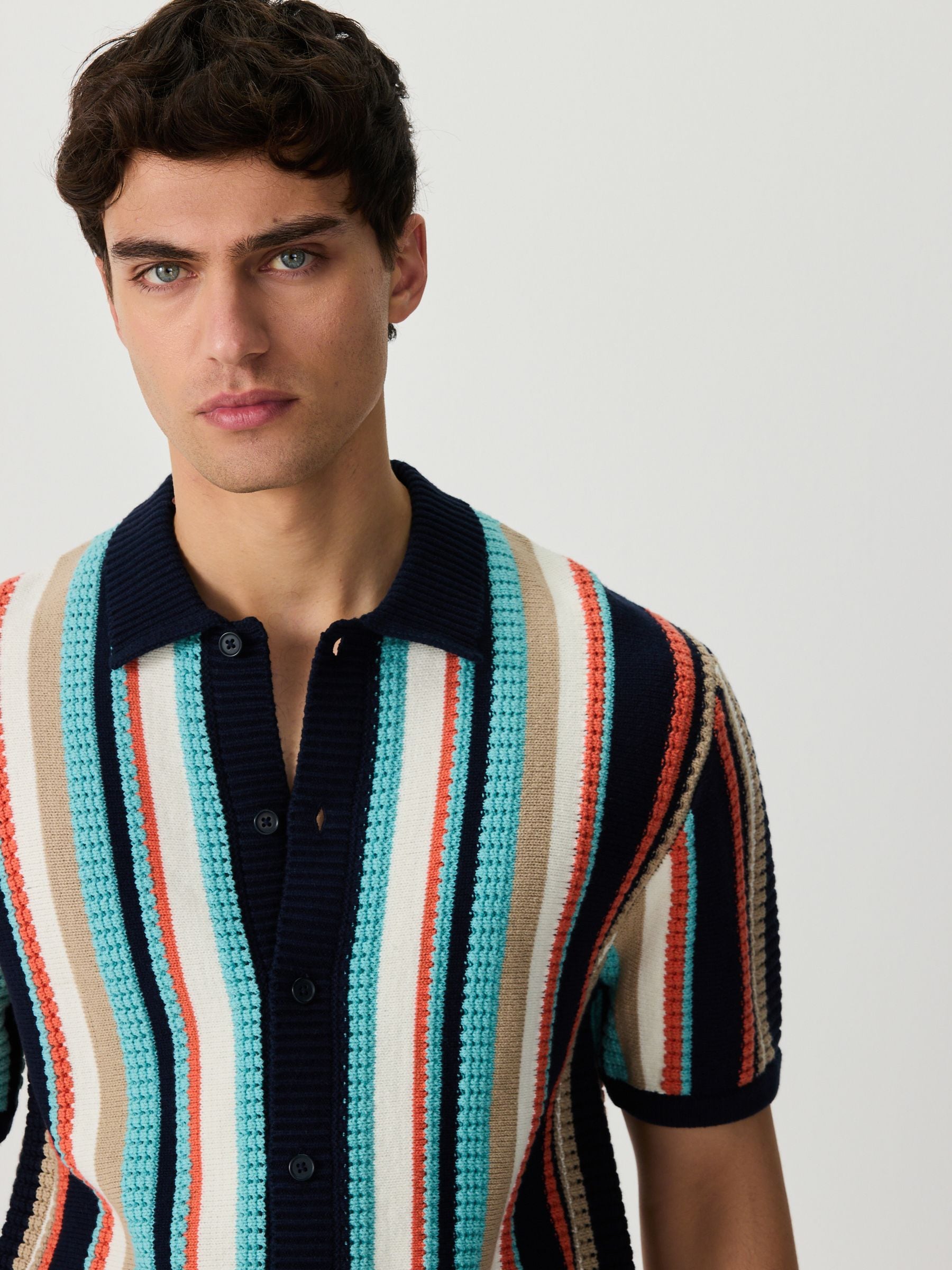 Buy Navy Blue Multi Regular Fit Stripe Knitted Shirt from Next USA