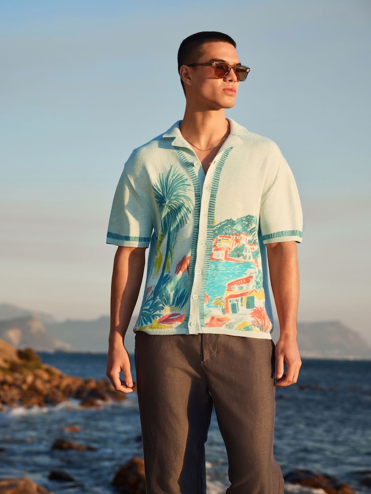 Light Blue Relaxed Fit Scenic Print Knitted Shirt - Image 1 of 7