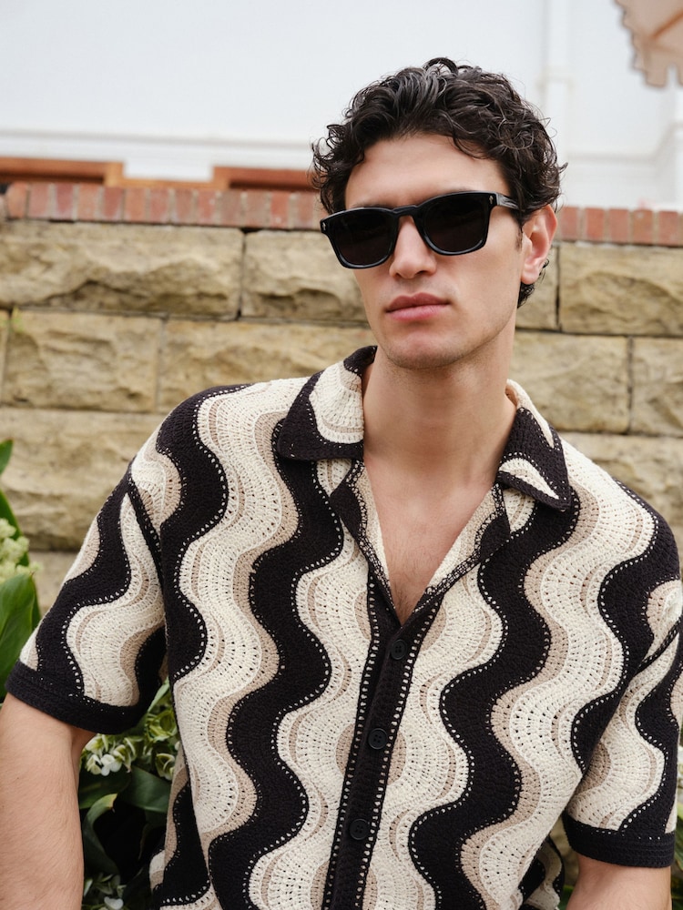 Black/Neutral Relaxed Fit Pattern Crochet Knitted Shirt - Image 1 of 5 Black/Neutral Relaxed Fit Pattern Crochet Knitted Shirt - Image 1 of 5