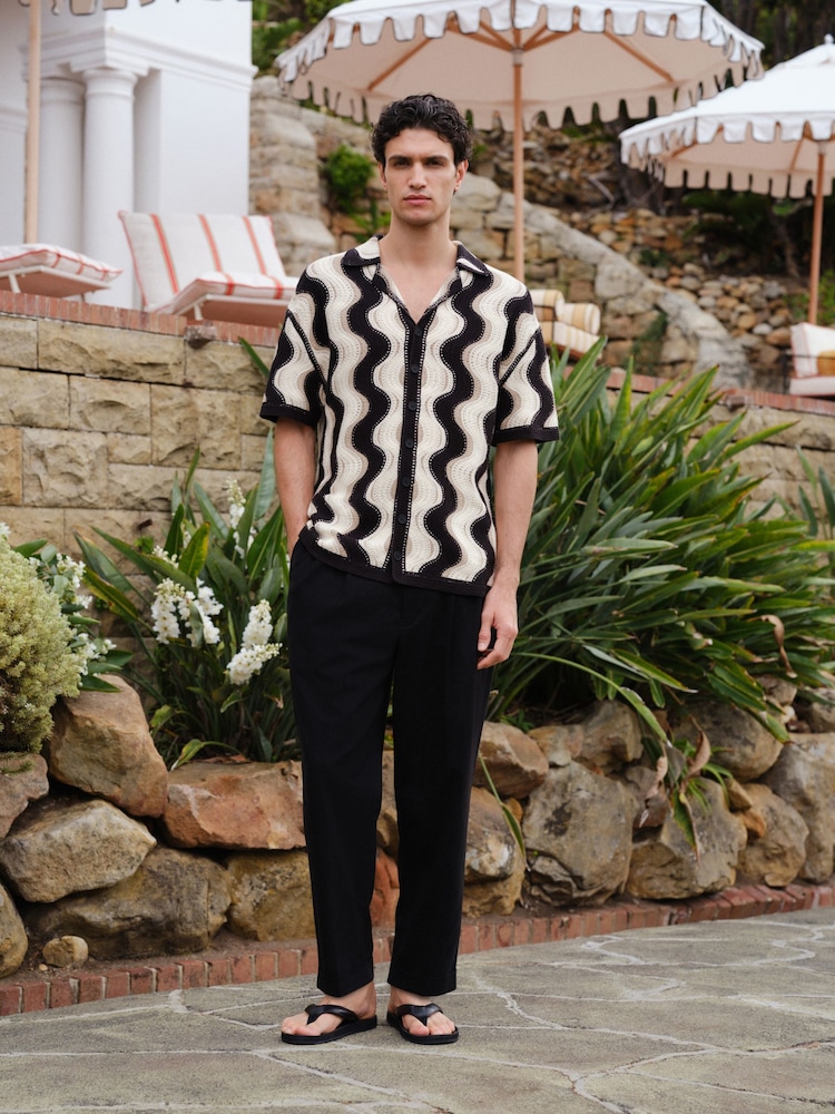 Black/Neutral Relaxed Fit Pattern Crochet Knitted Shirt - Image 2 of 5 Black/Neutral Relaxed Fit Pattern Crochet Knitted Shirt - Image 2 of 5