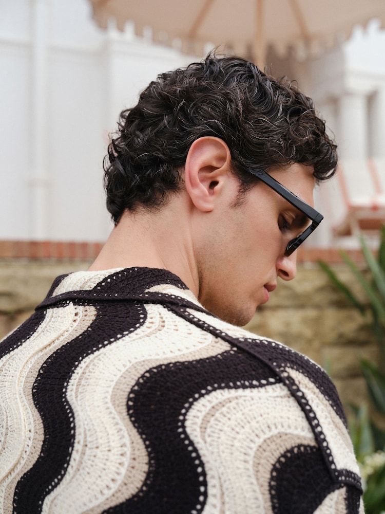 Black/Neutral Relaxed Fit Pattern Crochet Knitted Shirt - Image 5 of 5 Black/Neutral Relaxed Fit Pattern Crochet Knitted Shirt - Image 5 of 5