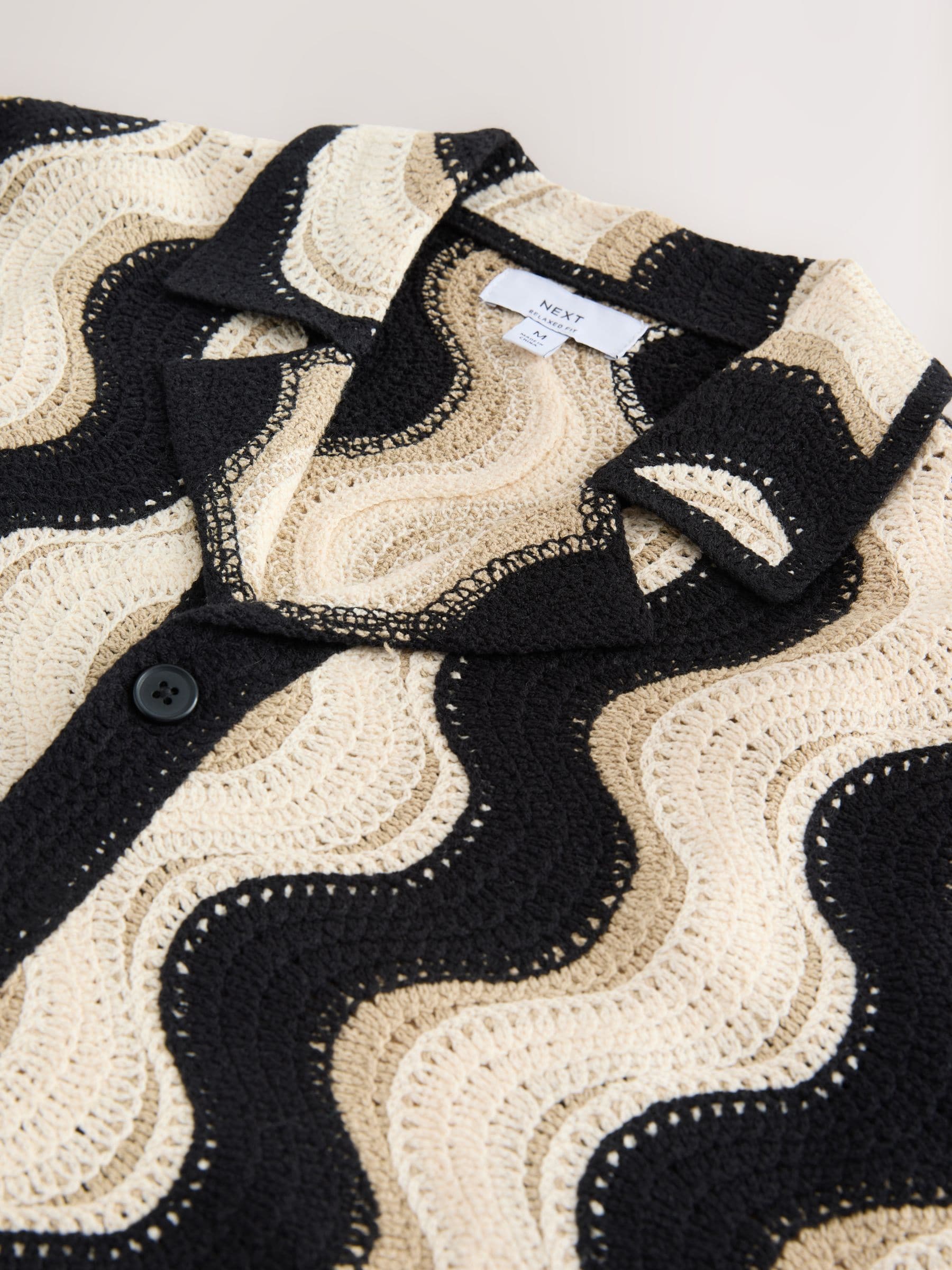 Buy Black/Neutral Relaxed Fit Pattern Crochet Knitted Shirt from
