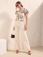 Friends Like These Ivory Floral Print Angel Sleeve Ruffle Blouse - Image 3 of 4