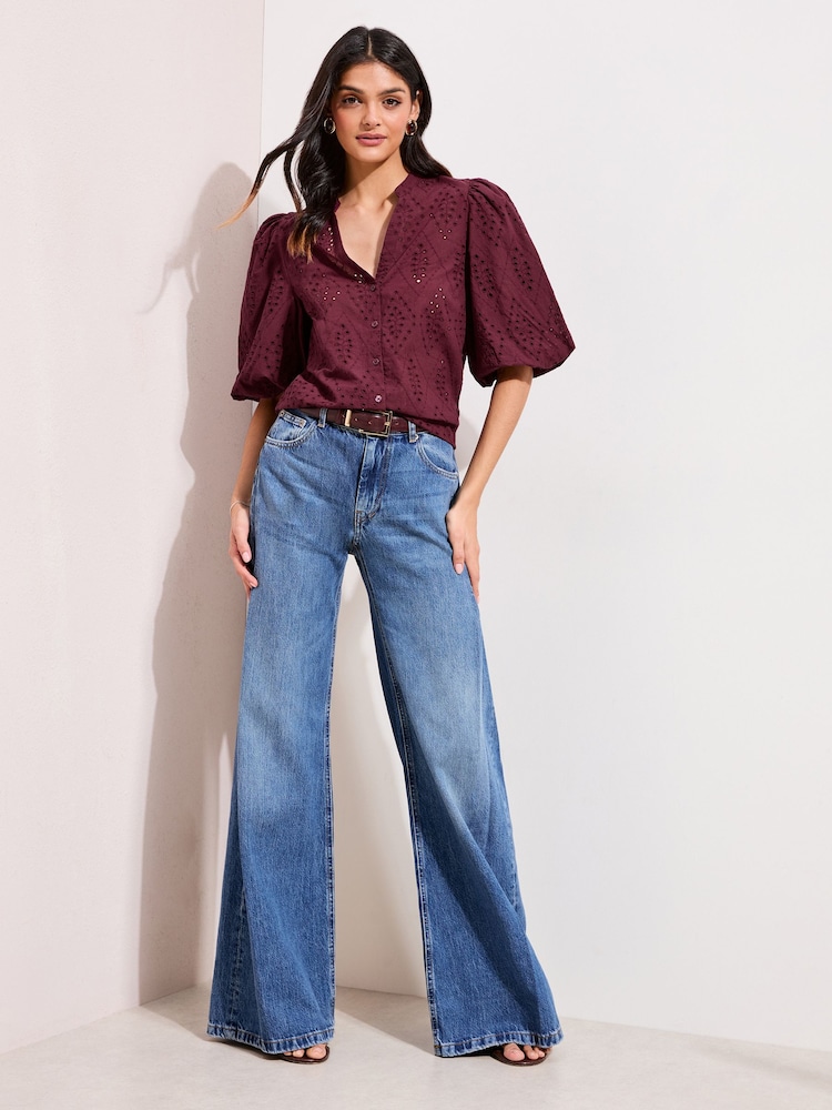 Friends Like These Burgundy Red Broderie Short Puff Sleeve Blouse - Image 2 of 4