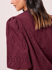 Friends Like These Burgundy Red Broderie Short Puff Sleeve Blouse - Image 4 of 4
